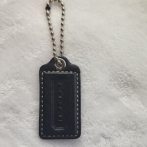 COACH Black Leather Embossed HangTag Keychain with Silver Chain EUC